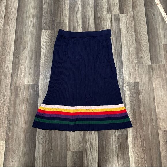 Modcloth Elegant pleated Navy Midi Skirt with Multicolor bottom Stripes size M - Picture 1 of 6